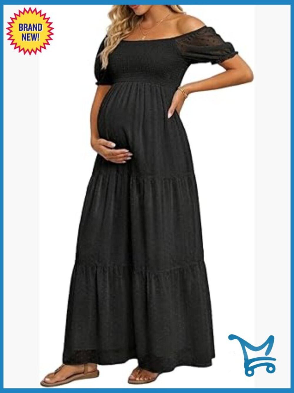 Off Shoulder Maternity Maxi Dress Swiss Dot Smocked Puff Sleeve Baby Shower